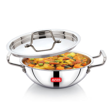 AVIAS AVI3 Triply Kadai, 20 / 22 / 24 / 26 cm Stainless Steel Kadhai with Lid, 3 Layer, Steel Casted Handles, Flat Bottom Kadhai with Induction Base, 2.5 Mm Thickness, 1.5 / 2 / 2.5 / 3.25 Litre Capacity